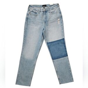 Super High Rise Patchwork Straight Cut Distressed Hem Jeans